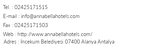 Annabella Diamond Hotel Spa telefon numaralar, faks, e-mail, posta adresi ve iletiim bilgileri